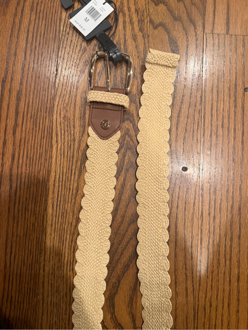 House of Harlow 1960 Cream Scallop Woven Belt with Gold Buckle and Brown Trim
